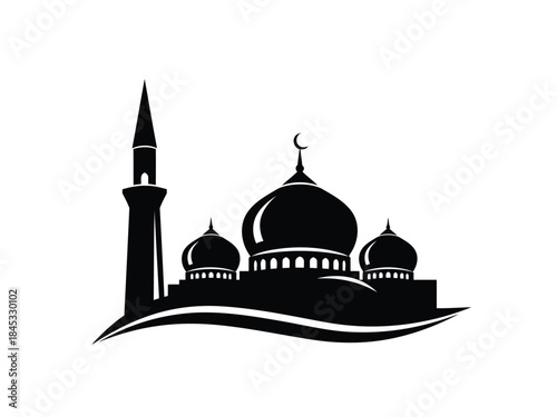 Vector illustration of black silhouette of a mosque with minaret and domes on a wavy line