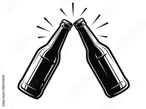 Vector illustration of black and white illustration of two beer bottles clinking together