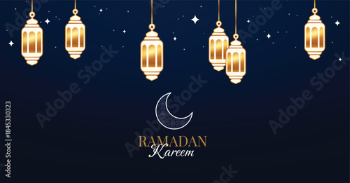 Elegant horizontal banner for Ramadan Kareem and Islamic celebrations. Features multiple hanging golden lanterns, stars, and a stylized white crescent moon against a dark blue night sky background.