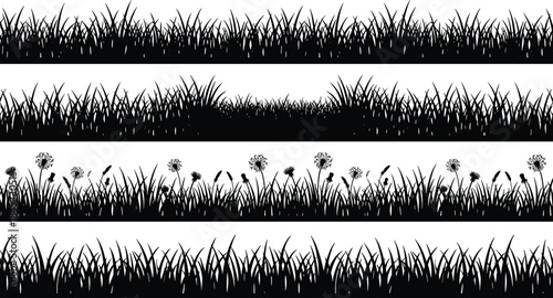 Seamless grass silhouettes borders set with wild meadow plants black vector illustration for nature landscape design backgrounds posters banners templates