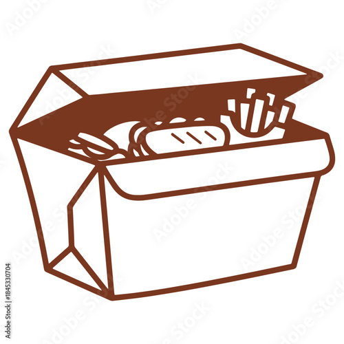 Open takeout box with food and fries isolated on white background