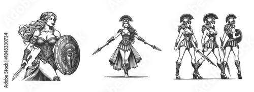 female warriors in Greek or Roman-style armor, wielding swords, shields, and spears in dramatic Set collection bundle sketch engraving generative ai vector illustration. Scratch board imitation. 