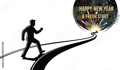 Man running towards happy new year fireworks celebration