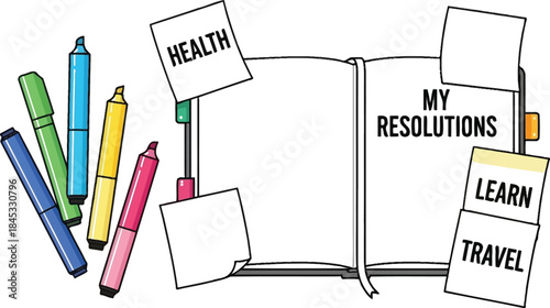 New Year resolutions concept with colorful markers and notes