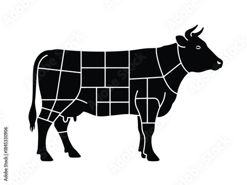 Vector illustration of cow silhouette with meat cuts
