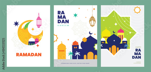Modern set of three vertical vector greeting cards for Happy Ramadan Kareem. Features colorful mosque silhouettes, crescent moons, stars, abstract geometric shapes.