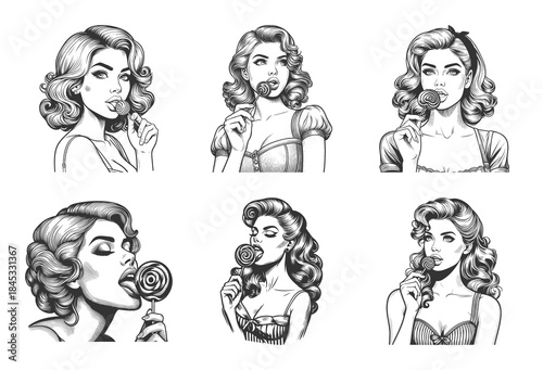 pin-up woman licking lollipop Set collection bundle sketch engraving generative ai vector illustration. Scratch board imitation. Black and white image.