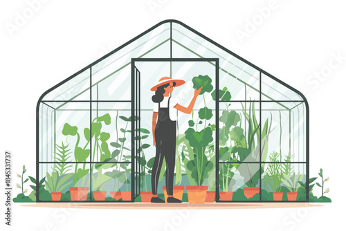 Farmer Inspecting Crops in a Greenhouse isolated