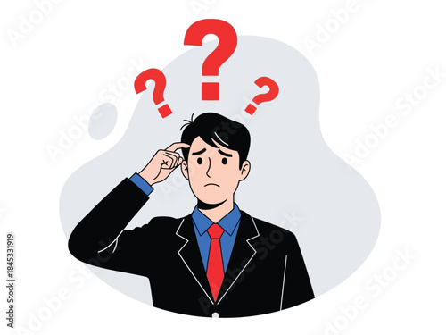 Vector illustration of a confused businessman with question marks above his head thinking deeply about a problem