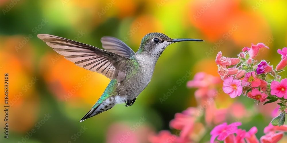 Obraz premium Hummingbird flying and approaching colorful flower in a garden