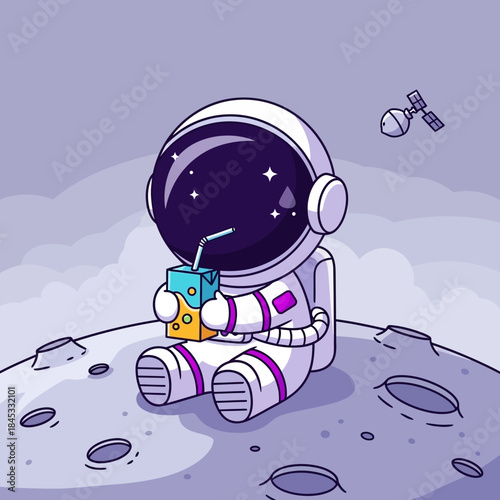 Cartoon astronaut enjoying refreshment on lunar surface, a whimsical space exploration scene