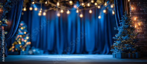 blue stage curtain with christmas concept