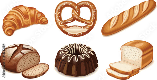 Realistic Illustration of Six Popular Baked Goods Including Croissant, Pretzel, Baguette, Cake, and Bread for Culinary Design