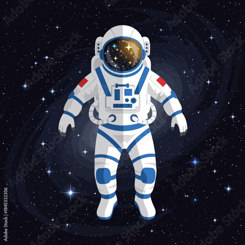Illustration of a courageous astronaut exploring the vastness of space with shining stars around
