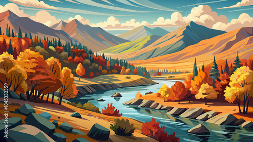Very beautiful autumn landscape along Yakima River in Kittitas County, vibrant fall colors, flowing water, rural serenity, and detailed vector illustration capturing seasonal beauty.