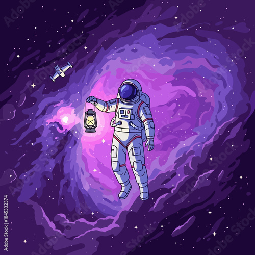 Astronaut illuminating vast nebula with vintage lantern in cosmic voyage journey exploration