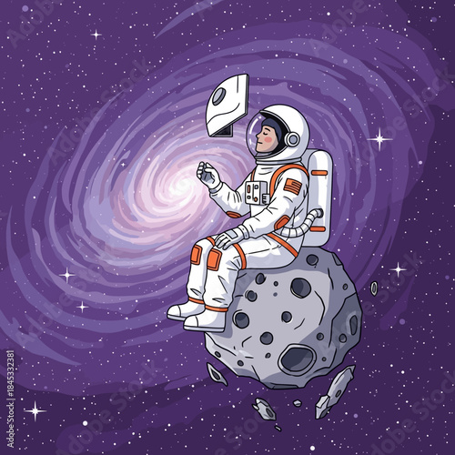 A reflective astronaut explores the cosmos while contemplating a celestial object in deep space