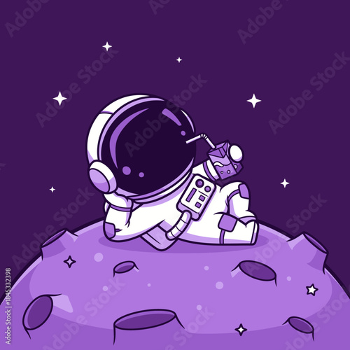 Astronaut taking break enjoying cosmic beverage on a purplish planet in deep space