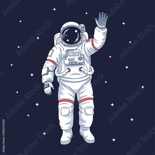 Astronaut waving in cosmic expanse exploration concept for kids graphic depiction adventure