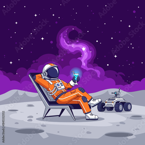 Astronaut's cosmic getaway lounging with a beverage on a celestial surface scene illustration