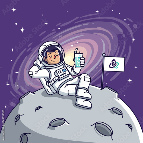 Astronaut relaxes on lunar surface with beverage amidst a vibrant cosmic backdrop peacefully