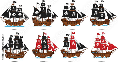 Set of cartoon pirate ships with skull flags sailing on ocean waves, perfect for nautical, adventure, and fantasy-themed illustrations.