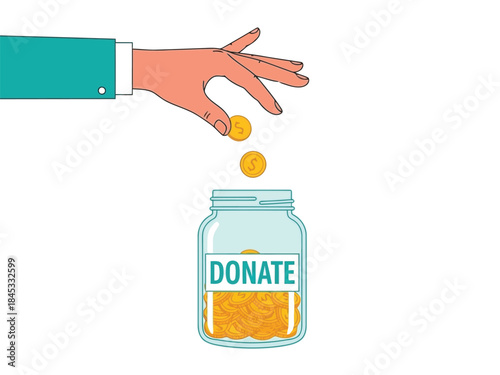Vector illustration of a hand putting coins into a donate jar on a