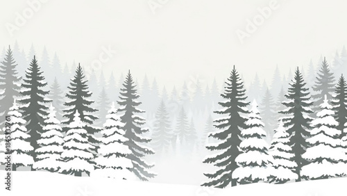 Snowy forest landscape with tall pine trees on a foggy winter day in a serene natural environment with frosty coniferous trees