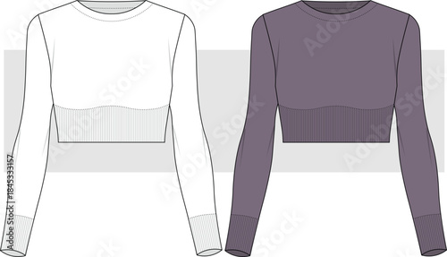 Women's shape seamless gym crop top fashion technical drawing, illustration. Activewear top vector. CAD, Mockup.