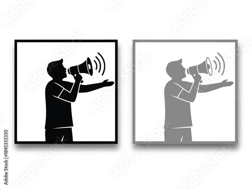 Vector illustration of two silhouettes of a man speaking into a megaphone one black and one gray on