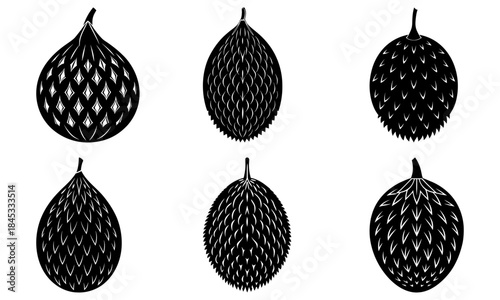 Five Black and White Durian Fruit Silhouettes with Transparent Background