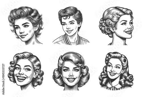 Smiling pin-up women with glamorous hairstyle and bright expressions charm and joy Set collection bundle sketch engraving generative ai vector illustration. Scratch board imitation. Black and white.