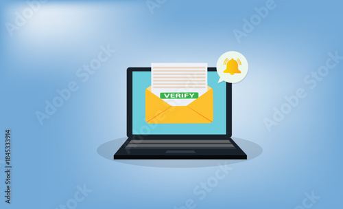 Laptop with a bell notification and verify mail. .Reminder on desktop. New message notification
