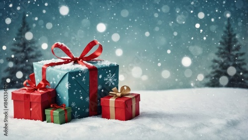 Christmas gift boxes on snow. Copy space. Xmas illustration