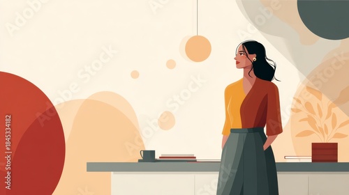 Reflective Woman in Modern Office: A poised woman stands, looking outward, with thoughtful expression in a contemporary office setting with soft, abstract shapes adding visual interest.