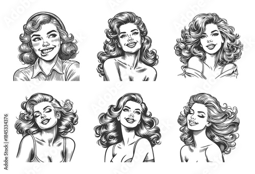 Smiling pin-up women with glamorous hairstyle and bright expressions charm and joy Set collection bundle sketch engraving generative ai vector illustration. Scratch board imitation. Black and white.
