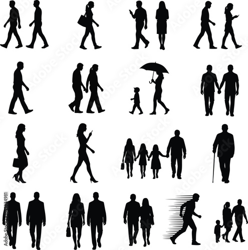 Vector illustration of black silhouettes featuring a diverse group of business people, families, and fashion models in various poses like walking, shopping, and sport
