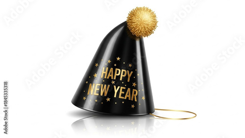 Realistic New Year Party Hat with Black Glossy Cone and Gold ‘Happy New Year’ Text Vector Illustration