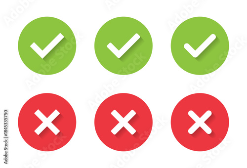 Check and cross mark icon set with shadow. Tick and X symbol. Accept and reject sign