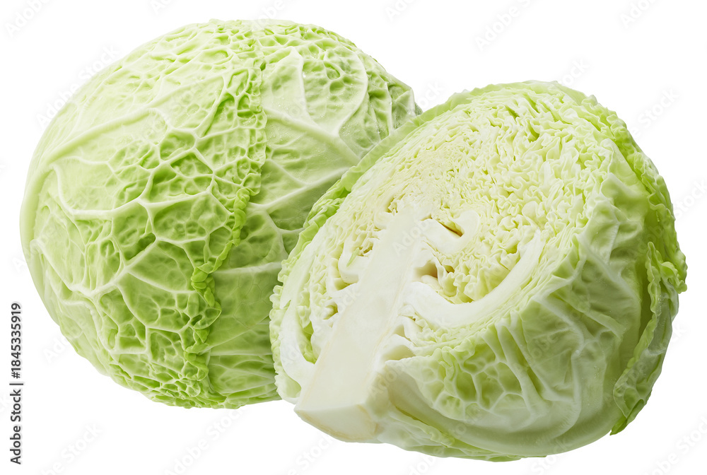 Naklejka premium Whole and half green cabbage isolated