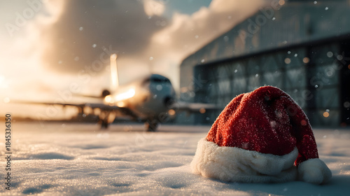Santa Claus hat placed on snowy airport hangar with airplane nose and hangar doors in background. Concept of Christmas celebration blending with travel and aviation industry.