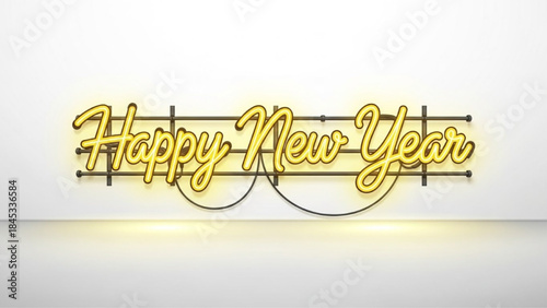 Neon Happy New Year Sign with Warm Yellow Glowing Script Vector Illustration