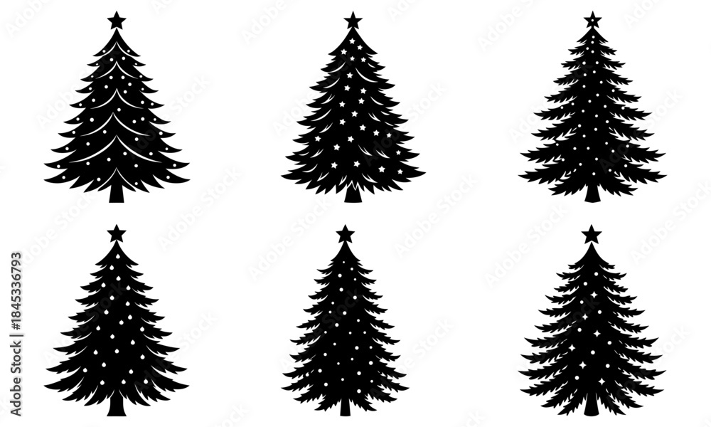 Obraz premium Six Black Christmas Trees with Stars and Dots on White Background silhouette