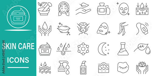 Skin care line icon set. Protection of 24 icon related to cosmetic, beauty, facial, mask, oil, moisture cream, collagen, treatment, dermatology and more symbol collection. Vector illustration.