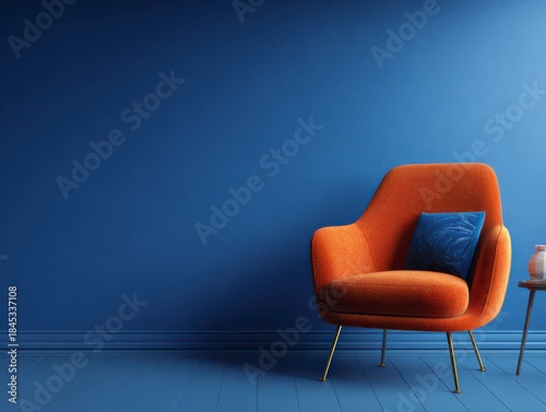 Stylish Comfort: An orange armchair commands attention, complemented by a soft pillow in a minimalist room, inviting relaxation and visual appeal. 