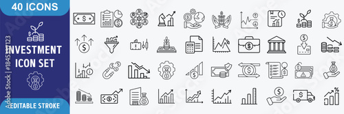 investment icon Set. Outline Icon Collection. Editable stroke. Vector illustration. 40 investment icons
