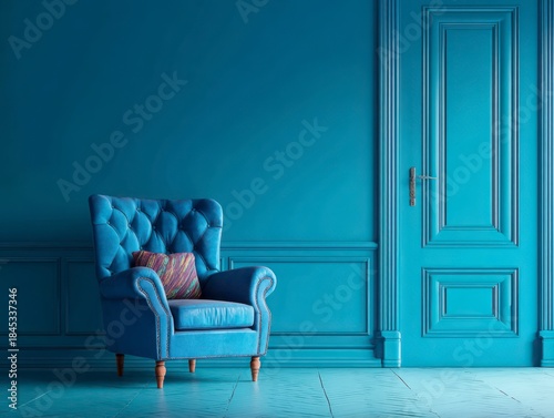 Serene Blue Interior Design: A solitary blue armchair offers a moment of luxurious relaxation, positioned against a backdrop of tranquil blue walls and a matching door.