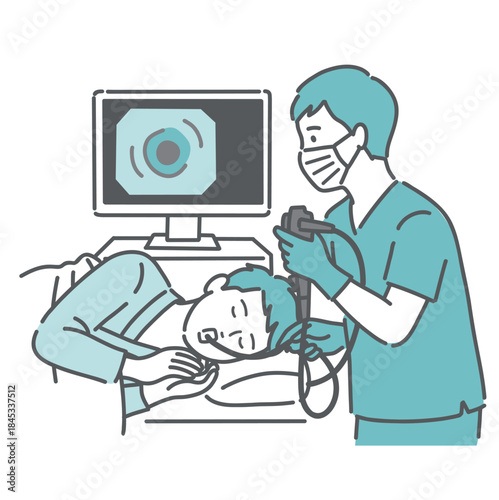 口からの胃カメラ検査を受ける若い男性（経口内視鏡・鎮静/閉眼）