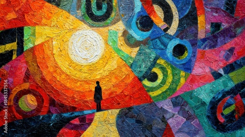 Silhouette's Journey: A lone figure, silhouetted against a radiant sun, stands at the threshold of a vibrant, abstract world, a visual exploration of journey and self-discovery.