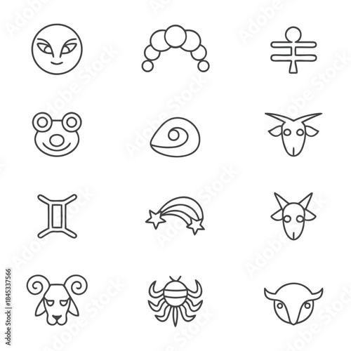 Collection of twelve simple black line art icons representing astrology zodiac signs and mystical elements